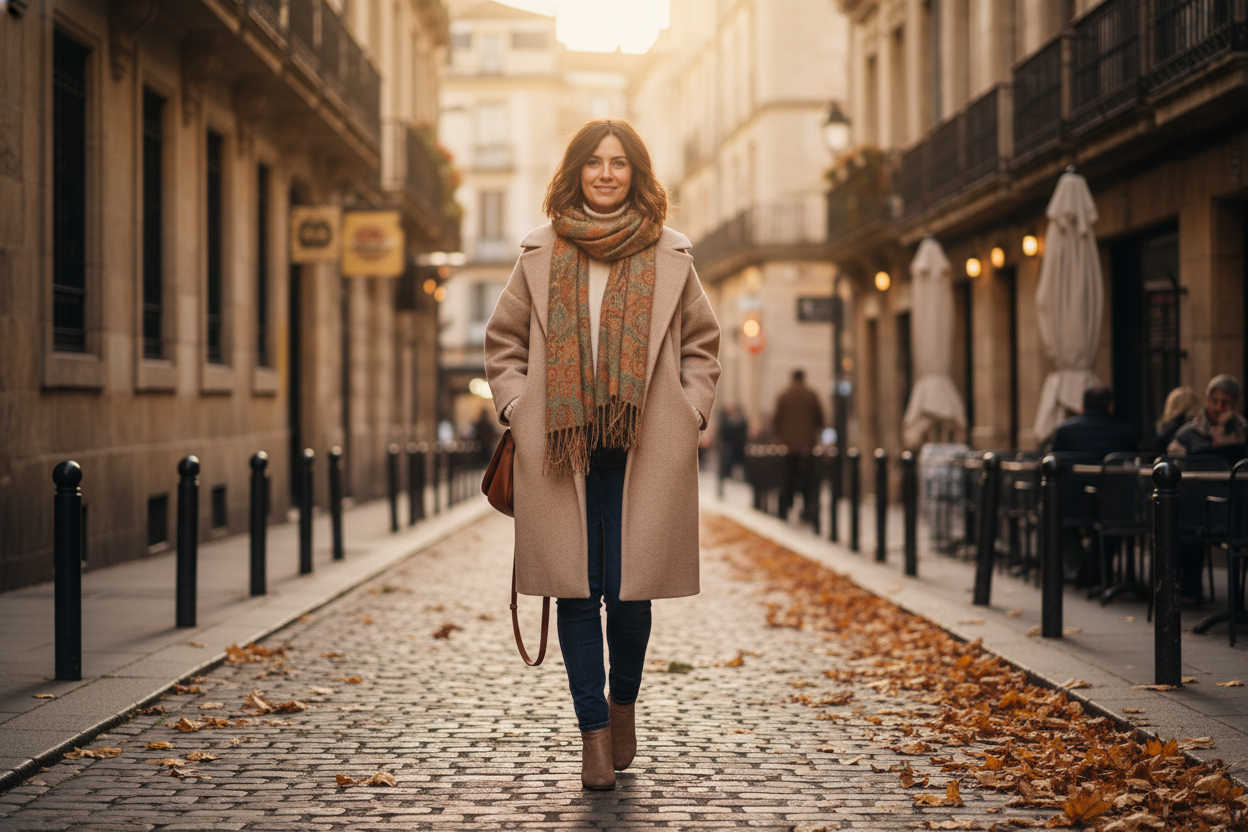 una donna che indossa un cappotto di lana beige