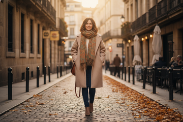 una donna che indossa un cappotto di lana beige